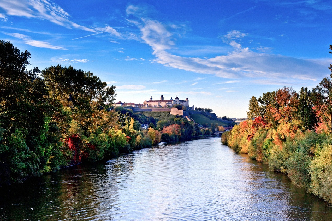 Die Festung Marienberg über dem Main in Würzburg, umgeben von herbstlich gefärbten Weinbergen
